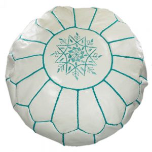 White and Turquoise Moroccan leather pouffe.