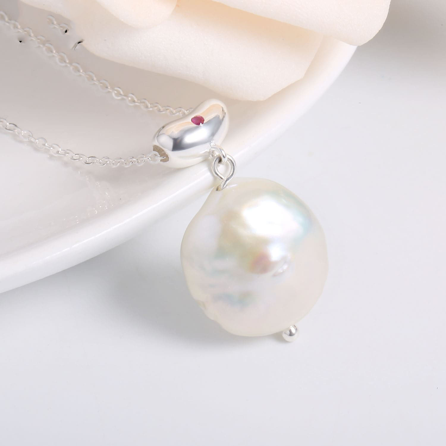 Silver Baroque Pearl Necklace with Zircon Stone