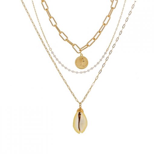 gold coin cowrie shell and pearl necklace